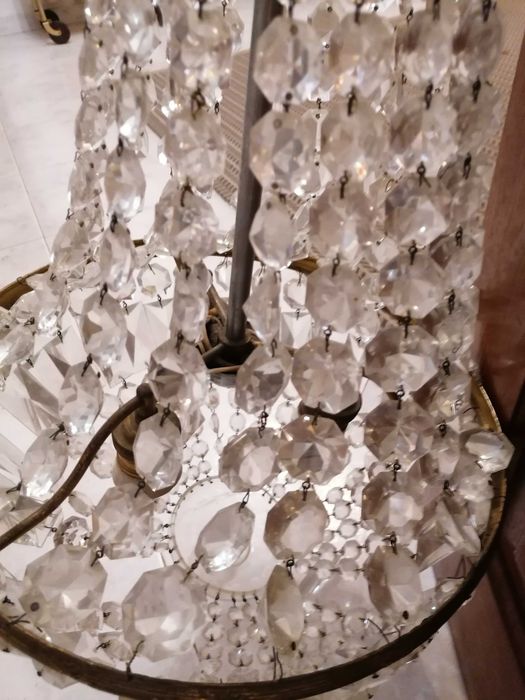 Lustre de Teto Antigo em Cristal e Metal Dourado (Estilo Cascata)