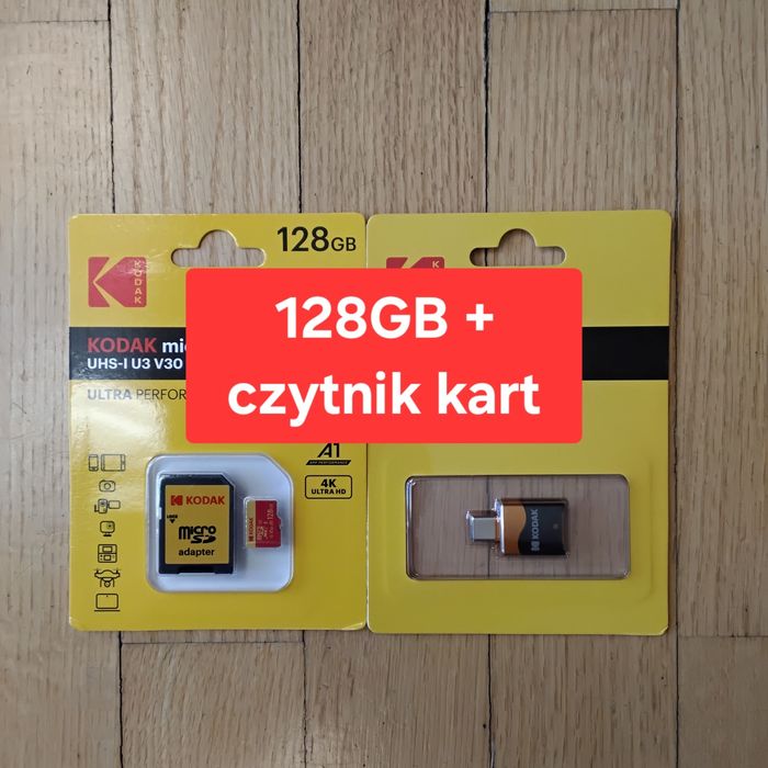 Micro SD 128GB U3 V30 oraz czytnik kart marki Kodak, nowe, oryginalne.