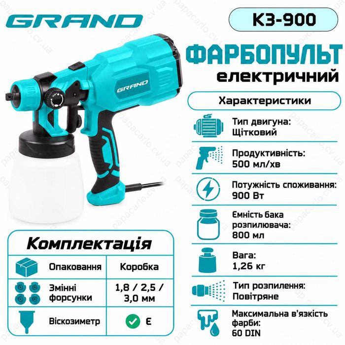 Фарбопульт електричний Grand КЭ-900 (900Вт/0,8л/60DIN) краскопульт
