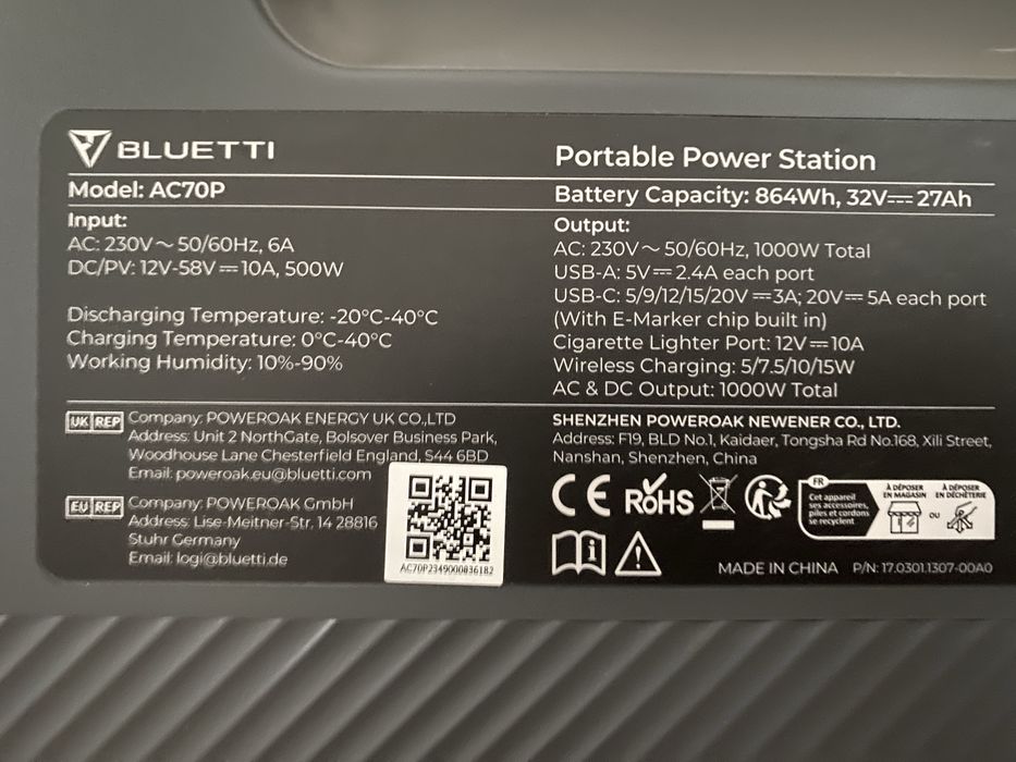 Зарядна станція Bluetti AC70P, 1000 Вт, 864 Вт*год (ДБЖ, UPS)