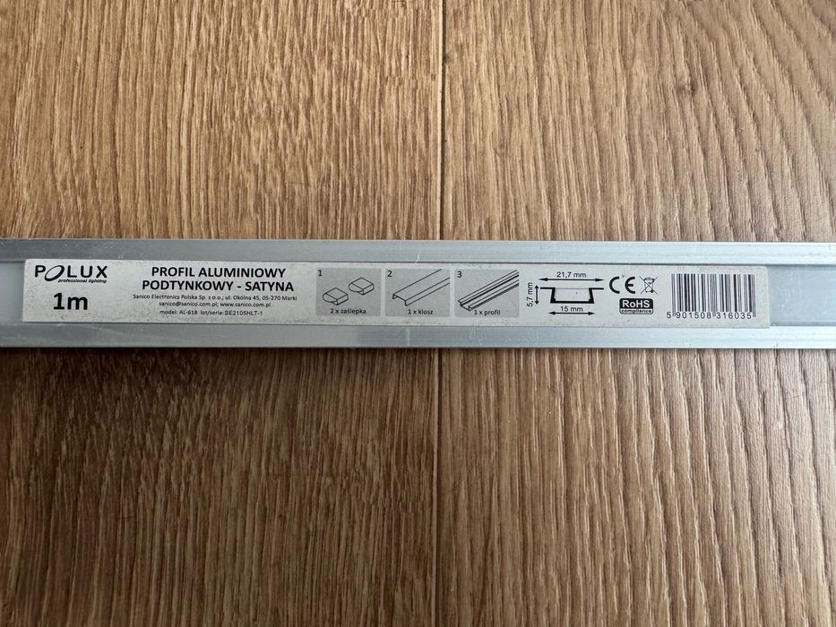Polux Profil LED Aluminiowy Podtynkowy - Satyna 1m + klosz NOWY