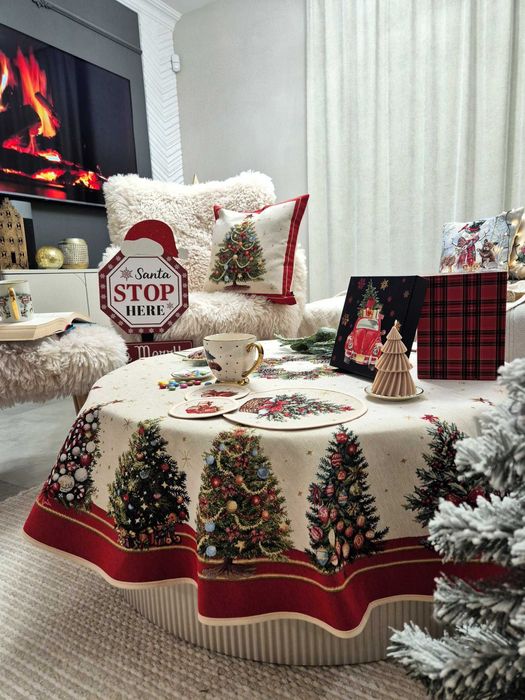 Obrus okrągły 140 cm świąteczny gobelinowy 4120