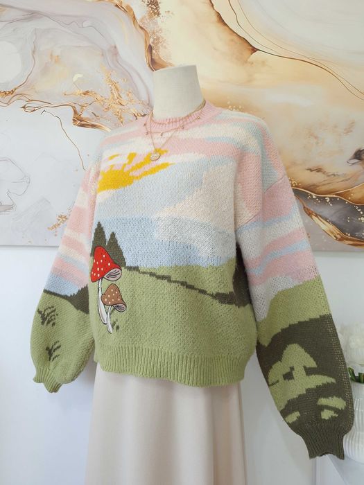 Damski Kolorowy Pastelowy Sweter Z Krajobrazem Grzybkiem Clockhouse M
