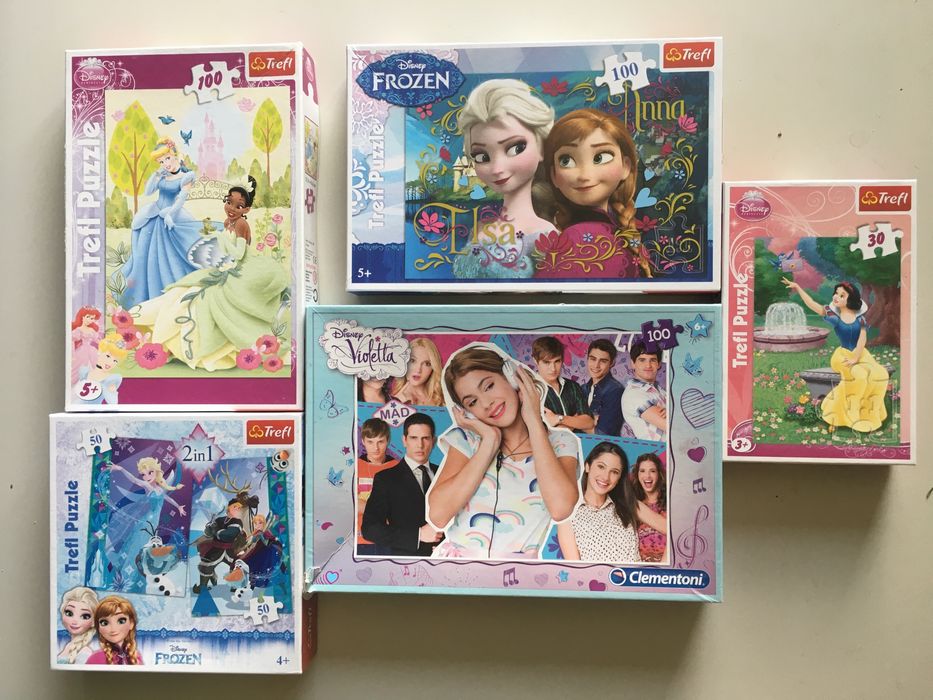 Zestaw 5 kompletów puzzli Kraina Lodu, Anna i Elsa, Królewna Śnieżka