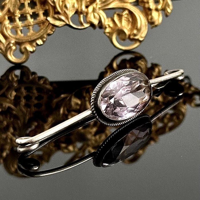 Srebrna broszka z dużym naturalnym Ametystem – oryginał secesja, 1900r
