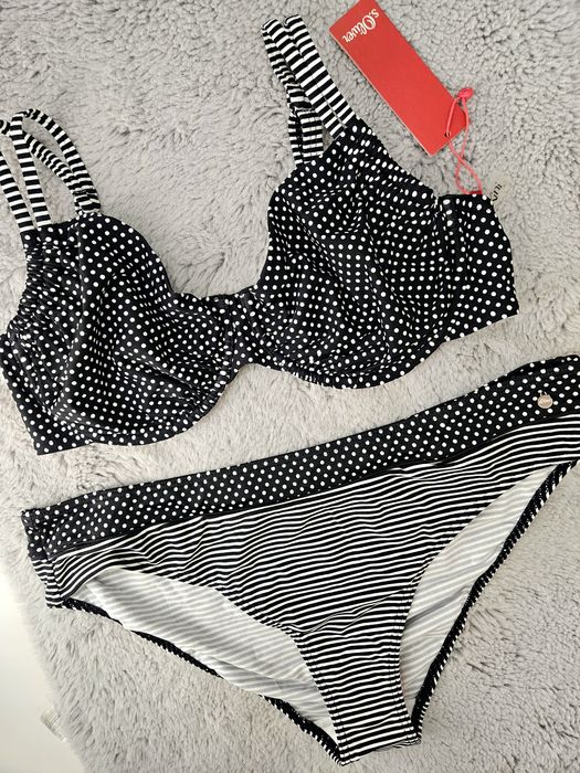 Strój kąpielowy dwuczęściowy bikini S. Oliver miękki z fiszbiną 85D 44 czarno-biały paski groszki