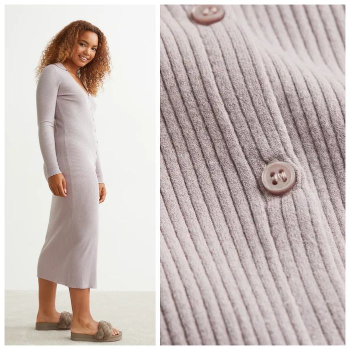 H&M M-XL długa sukienka midi w prążki szaro-beżowa z kołnierzem