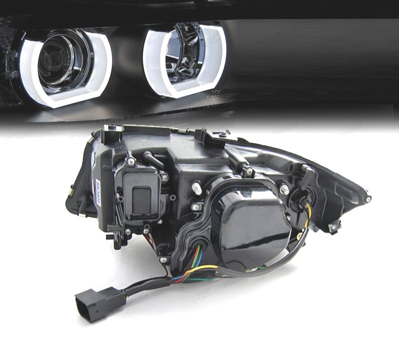 FARÓIS BMW E90 E91 05-08 ANGEL EYES 3D FUNDO PRETO