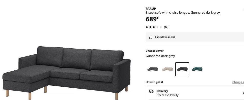 Sofá IKEA PÄRUP 3 lugares c/chaise longue – Cinzento Escuro Gunnared
