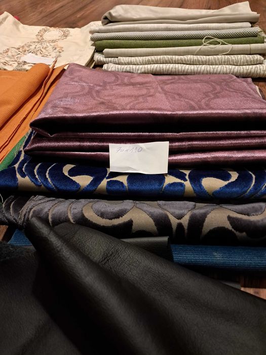 Materiały tapicerskie, końcówki materiałów, duże kawałki, ponad 9 kg