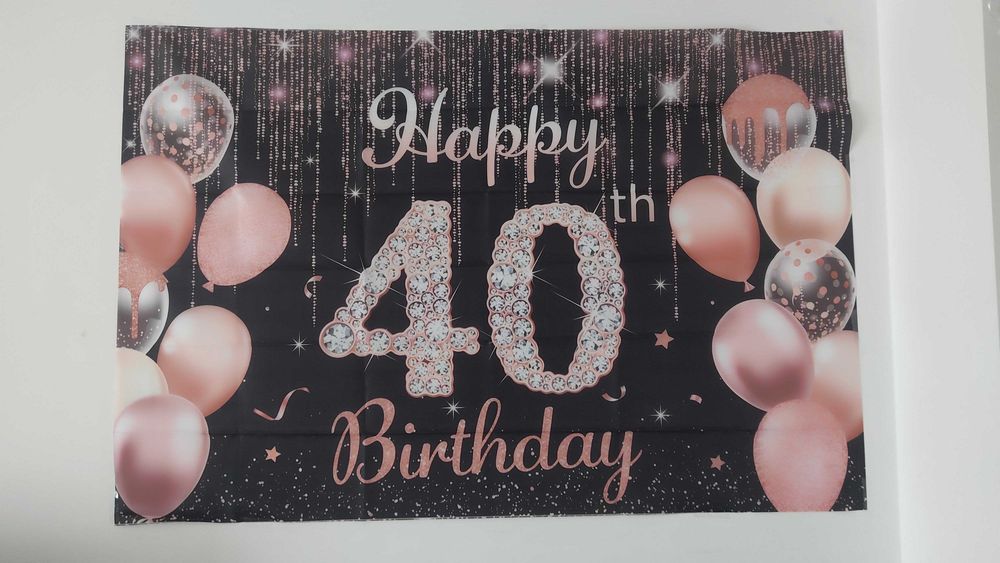 1 faixa de fundo "Feliz Aniversário", preto/prateado/ouro rosa, decoração para festa de 40 anos