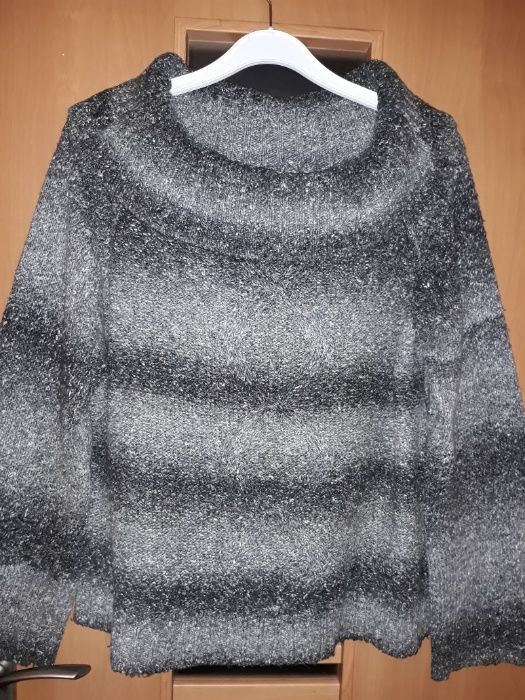 Sweter szary w pasy z szerokim golfem melanż rozmiar XL