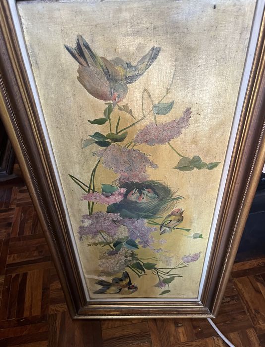 Quadro Antigo - Pintura a Óleo Natureza Viva (Aves e Flores) - 71x36 cm
