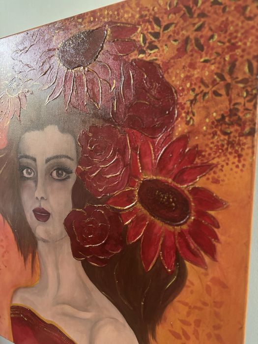 Portret kobiety z kwiatami - czerwone słoneczniki i róże 70x70cm