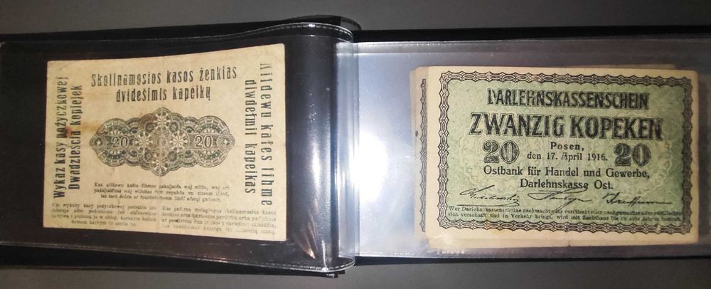 Zestaw banknotów w klaserze: 11 x 20 kopiejek 1916, Poznań/Posen OST, Polska pod zaborem