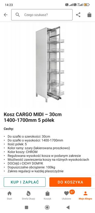 Cargo do szafki 30. Wysokość 170 cm