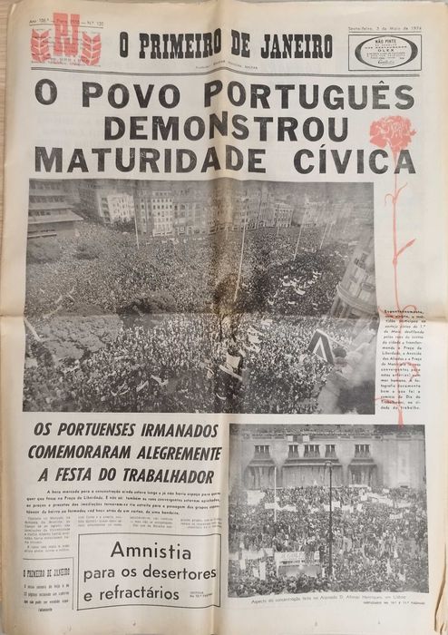 Jornal "O Primeiro de Janeiro" de 3 Maio 1974- após a revolução
