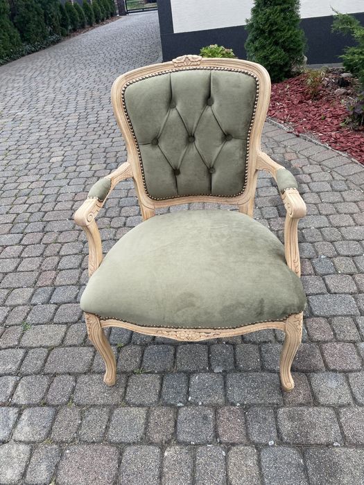 Fotel ludwikowski dąb drewno granat zieleń ława Ludwik XV renowacja