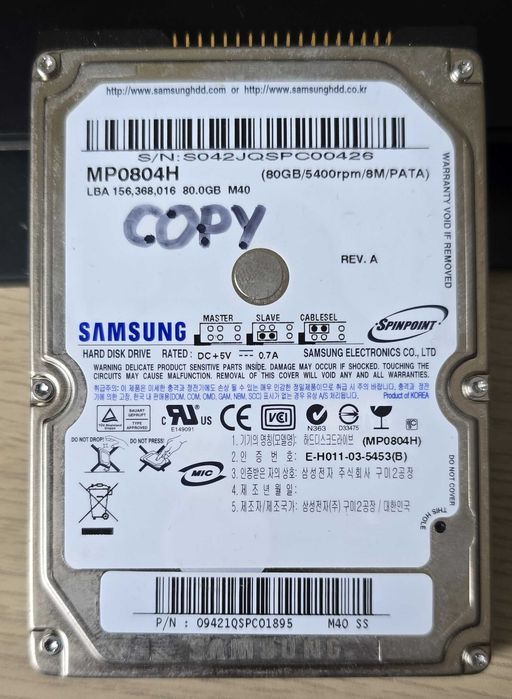 Dysk 2.5" IDE PATA Samsung 80GB MP0804H – Stan idealny, PRZEBIEG TYLKO 7H! Retro PC