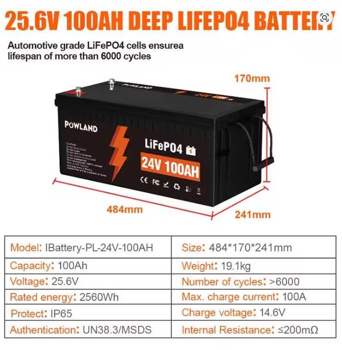 Новые LiFe Po 4 аккумуляторы 12v / 24v 100Ah  Powland