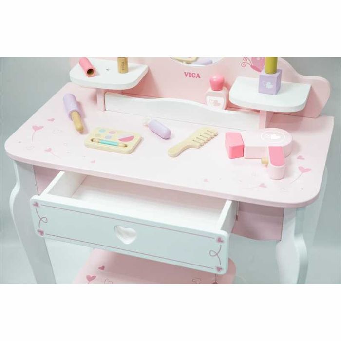 VIGA Duża Toaletka Drewniana Biało-Różowa z Lustrem i Krzesełkiem