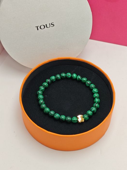 Bransoletka 17,19 z malachitów z misiem żółte srebro vermeil 925