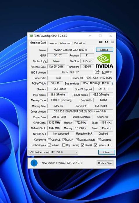 MSI GeForce GTX 1050 Ti 4G OC