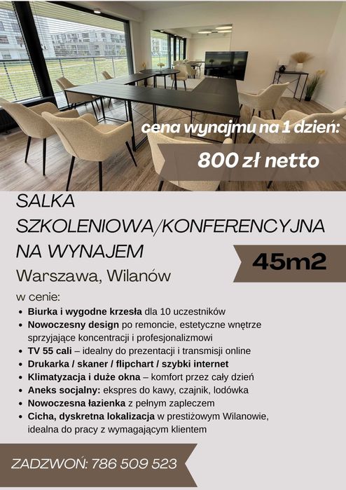 Salka szkoleniowa/konferencyjna do wynajmu na dni lub godziny
