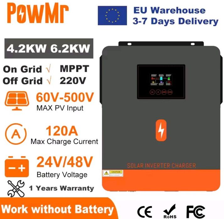 PowMr Гібридний інвертор 6.2кв 48в з вайфаєм