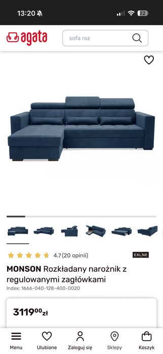 Narożnik z funkcją spania,gratis granatowe zasłony