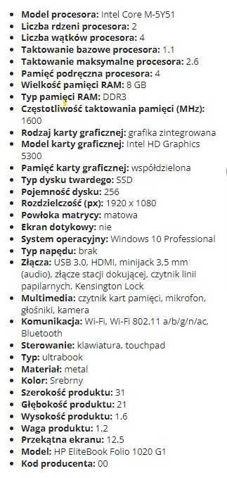 Laptop HP EliteBook Folio 1020 G1 12,5" Intel Core m + docking station