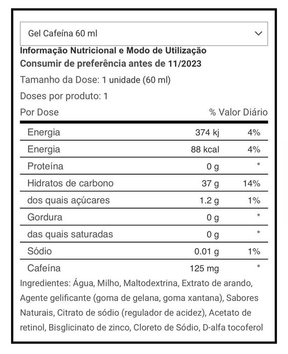 Gel cafeína e hidratos - 30 unidades