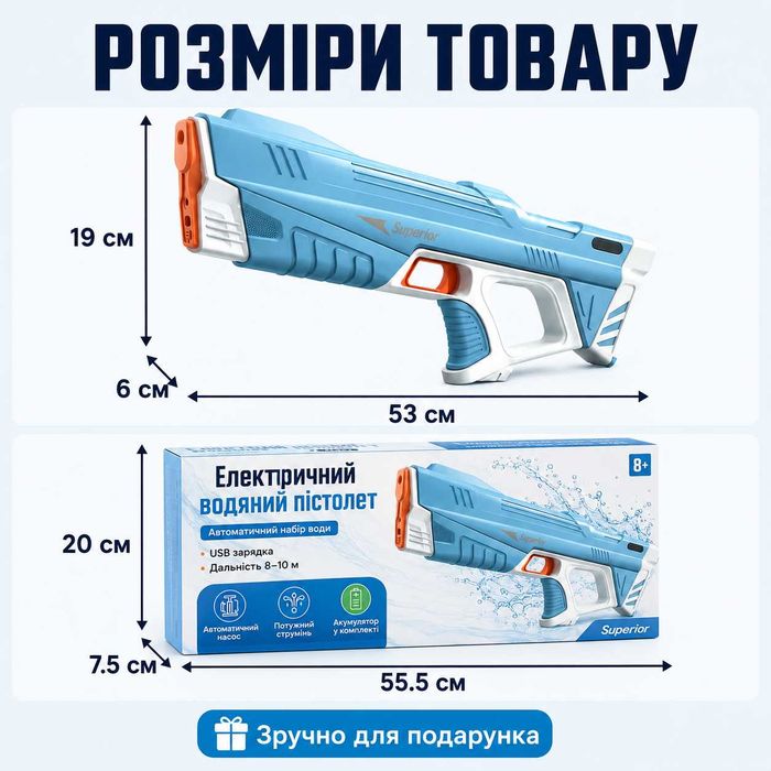 Електричний водяний автомат пістолет Superior, водяний бластер,  автоматичний набір води, USB зарядка, 8–10 м