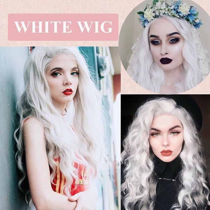 PORSMEER Biała peruka, długie falowane włosy, długość 75cm