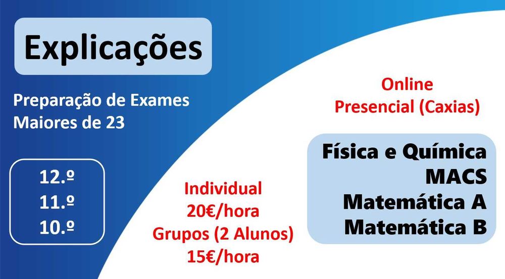 Explicações Matemática, Física e Química - Presencial/Online - Caxias