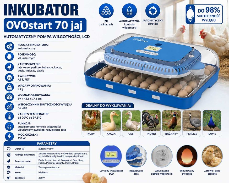 Inkubator OVOstart 70 jaj Automatyczny Pompa Wilgotności, LCD