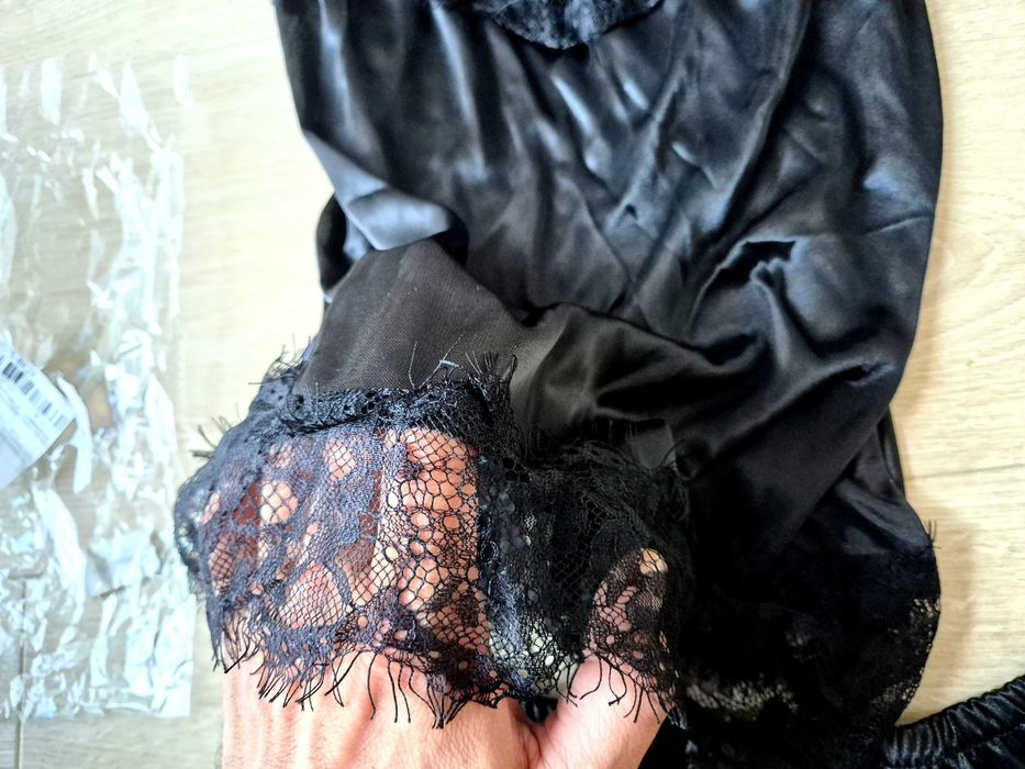 Nowa satynowa Piżama komplet zestaw Czarna S/M damska tanio