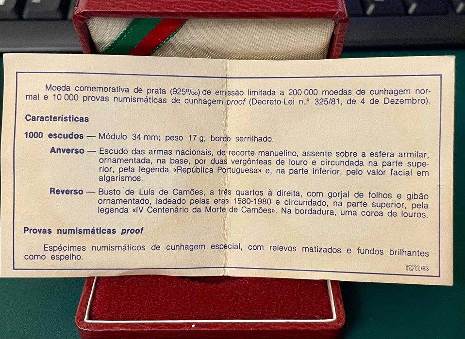 Moeda comemorativa em prata do IV Centenário da Morte de Camões