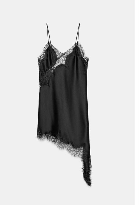 ZARA czarna satynowa sukienka top asymetryczna z koronką viral