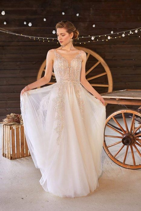 Suknia ślubna boho glamour szampańska / złota, rozmiar M