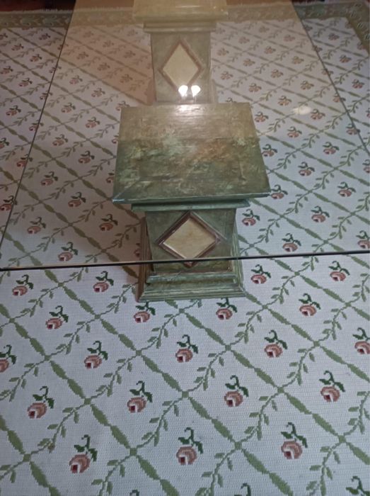 Pés de mesa pintados a mão com tampo de vidro grosso, vintage