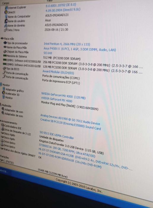 PC Retro Asus P4S8X-X P4 2.66GHz GeForce4 Sound Blaster 128  Win98 + Jogos ms-dos