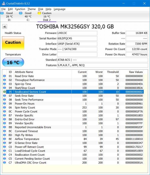 Жорсткий диск ноутбука Toshiba 320gb 2.5" smart 90%