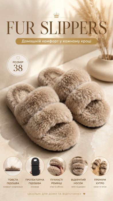 Пухнасті жіночі тапочки з екохутра • 38 розмір