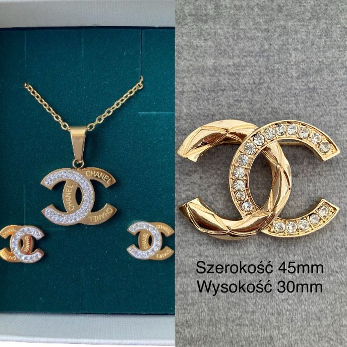 Komplet cc broszka naszyjnik kolczyki stal 316L cyrkonia złoto