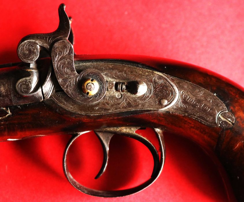 Soberba pistola de percussão dois canos Webster, Melton UK