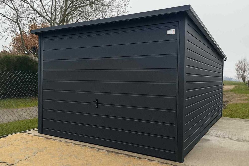 Garaż blaszany 3x5 grafitowy jednospadowy brama uchylna