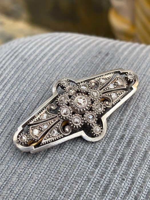 Alfinete Ouro Prata Diamantes Contrastado séc XIX 4 cm