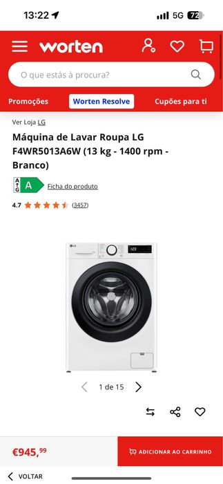 Máquina de Lavar Roupa LG F4WR5013A6W (13 kg - 1400 rpm - Branco)