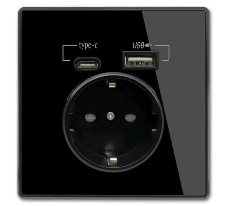 Розетка електрична настінна зі шторками з Type-C + USB-A Wallpad Чорна